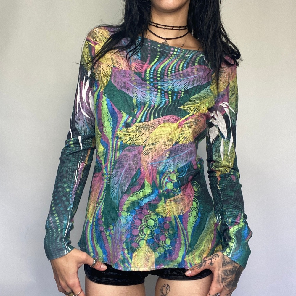 Y2K Feather Print Waffle Thermal Long Sleeve Top Fairy Grunge Boho Cotton Sz M